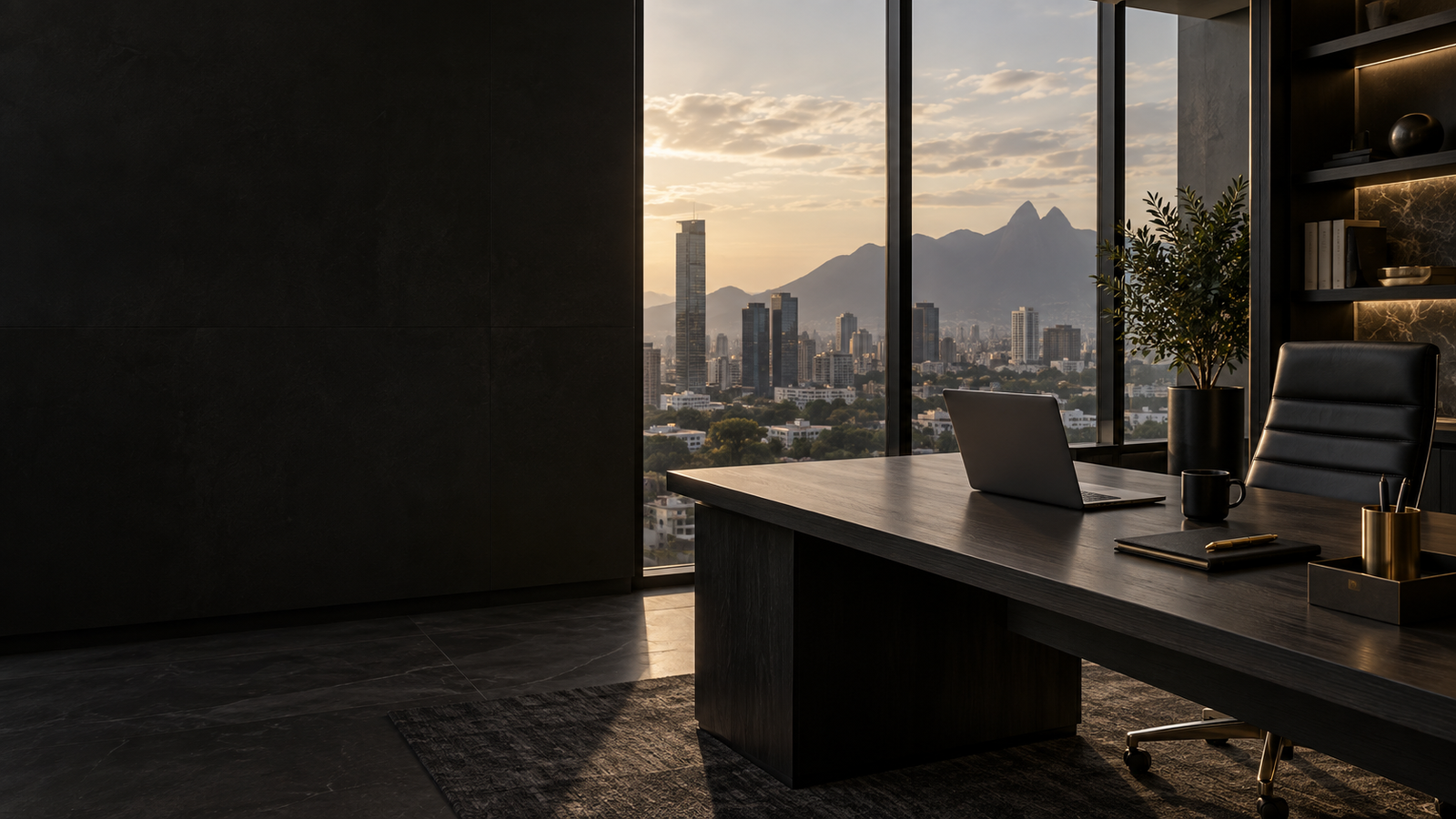Oficina ejecutiva con vista a Monterrey preparada para una sesión de consultoría